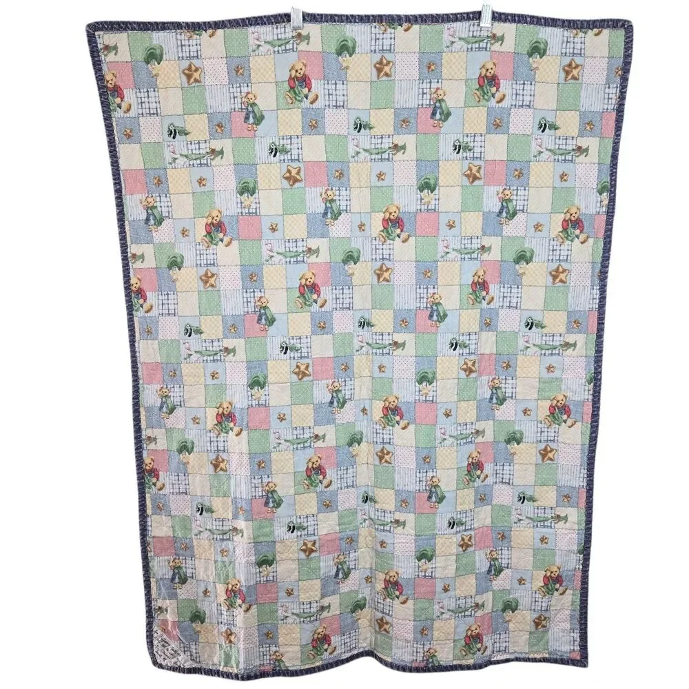 Vtg Blue Jean Teddy Bear Nursery Crib Quilt Baby Blanket Lovey 31.5